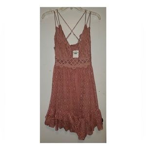 Free People Adella Dress Ballet Pink NWT sz L Asymmetrical Burnout Lace